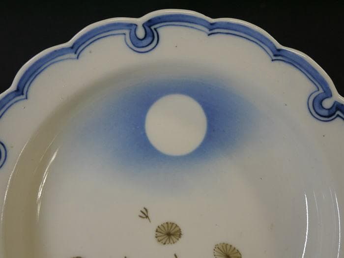 お値下源六焼　富永源六　雪輪形六寸皿５客　吹き絵の満月と草花文　無傷美品