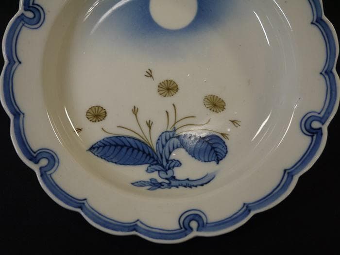 お値下源六焼　富永源六　雪輪形六寸皿５客　吹き絵の満月と草花文　無傷美品