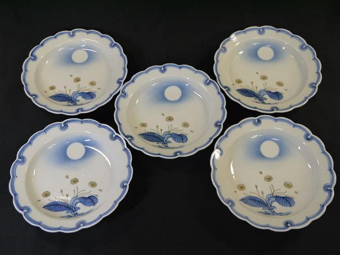 お値下源六焼　富永源六　雪輪形六寸皿５客　吹き絵の満月と草花文　無傷美品