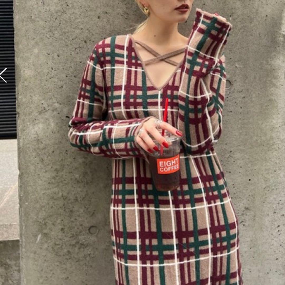 2025アメリ2WAY HANDWRITING CHECK KNIT DRESS