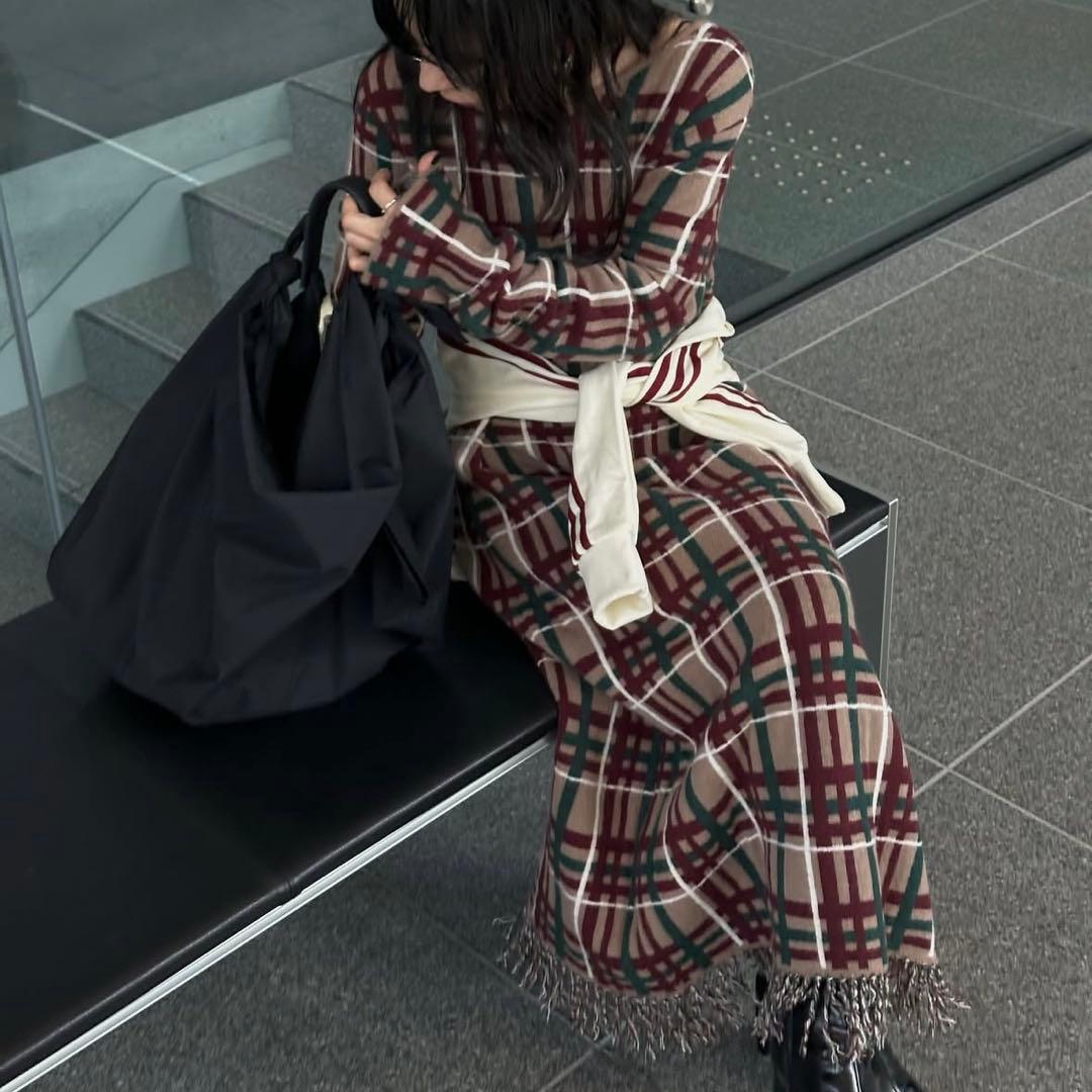 2025アメリ2WAY HANDWRITING CHECK KNIT DRESS