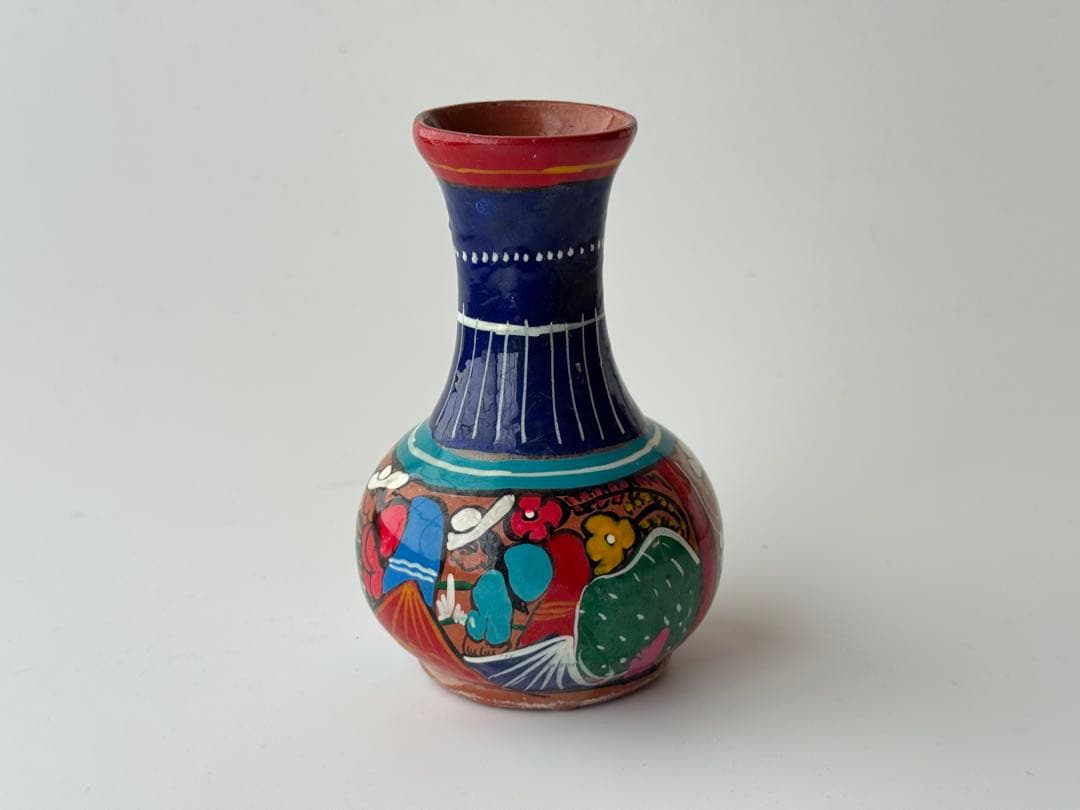 ヴィンテージ メキシコ 民藝 民芸品 手描き イラスト 陶器 花瓶 壺