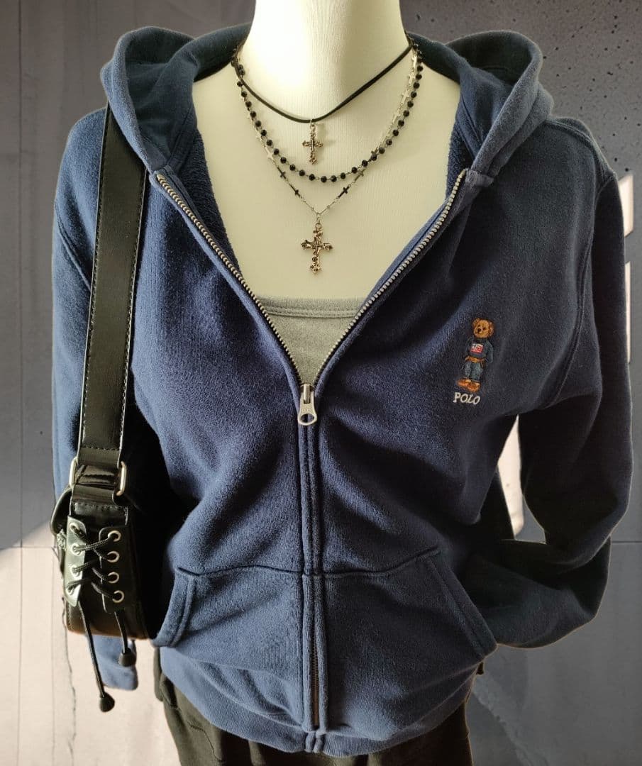 ラルフローレン ジップパーカー ベアー刺繍 ネイビー Y2K 00s