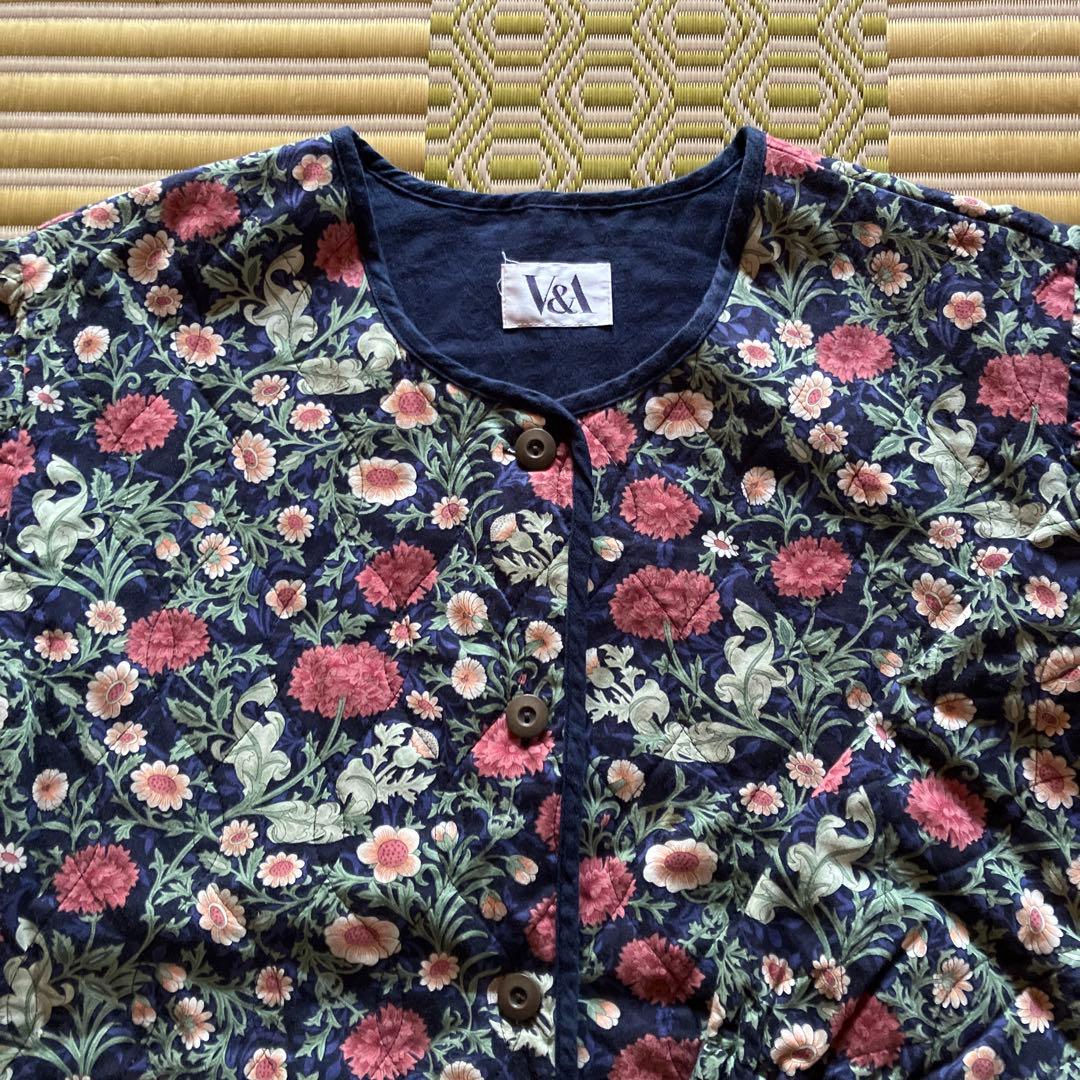 V&A サロンジェ 花柄ルームウェア ネイビー　割烹着　エプロン　部屋着