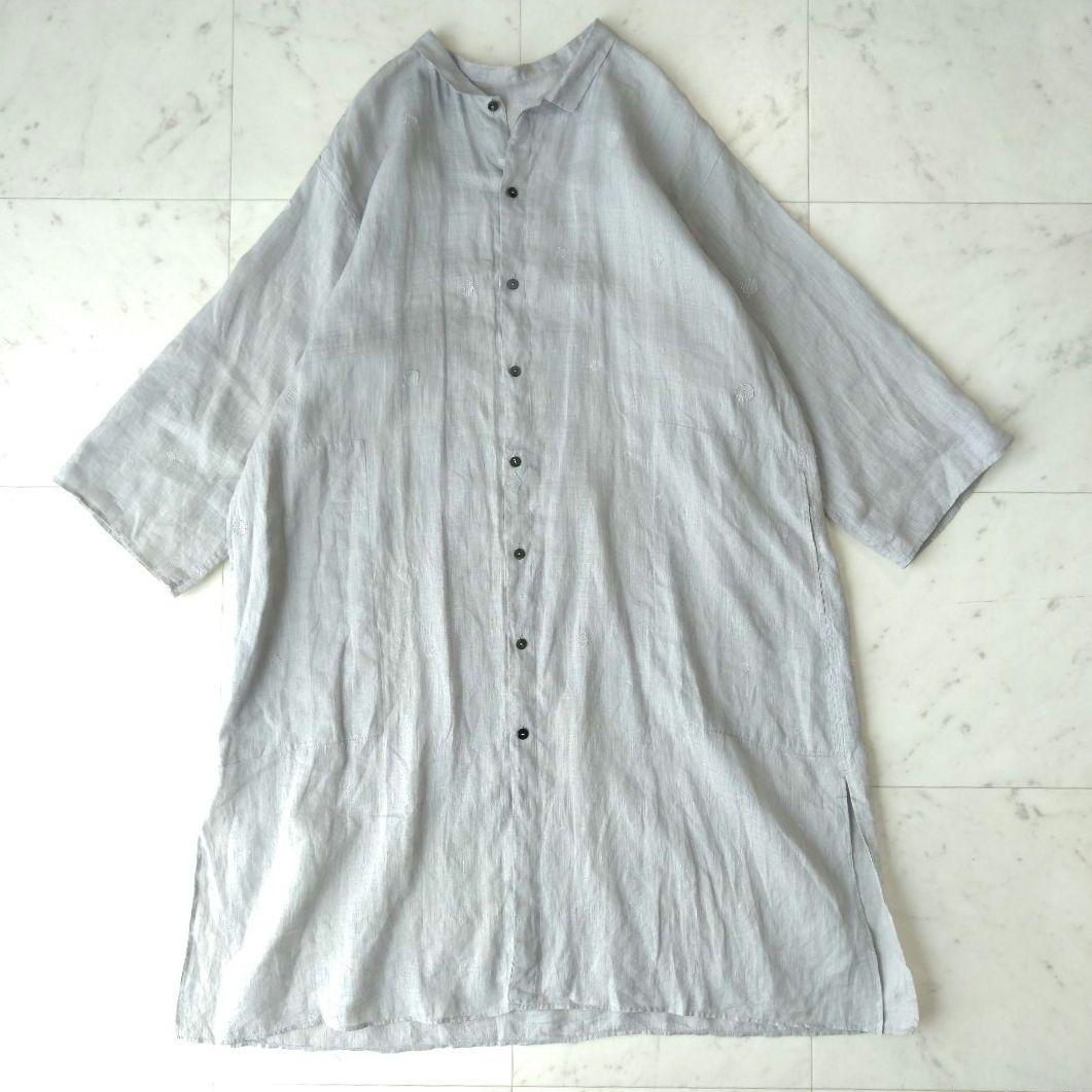 067 ヨーガンレール 刺繍 リネン 麻100% ロング シャツ ワンピース
