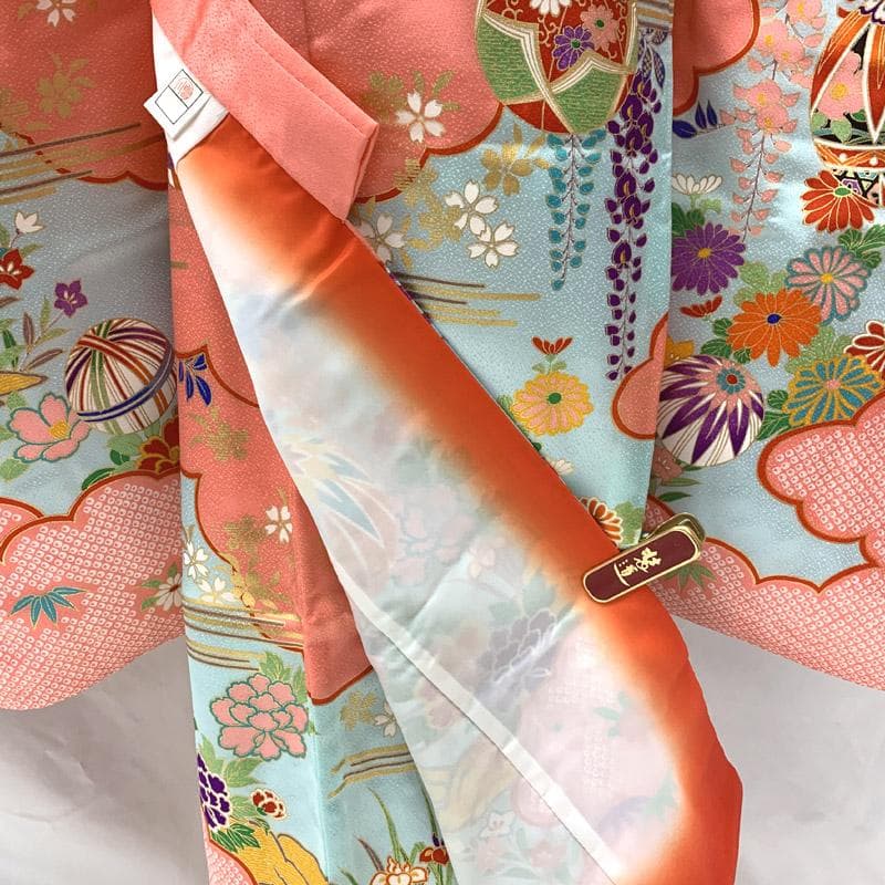 603ag12■七五三 七歳 女児 着物&袋帯&長襦袢 金駒刺繍 ピンク■美品