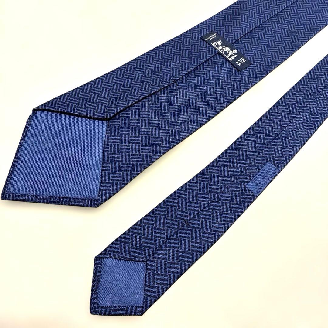 【極美品】高級 HERMES エルメス ネクタイ バスケットウェーブ ネイビー