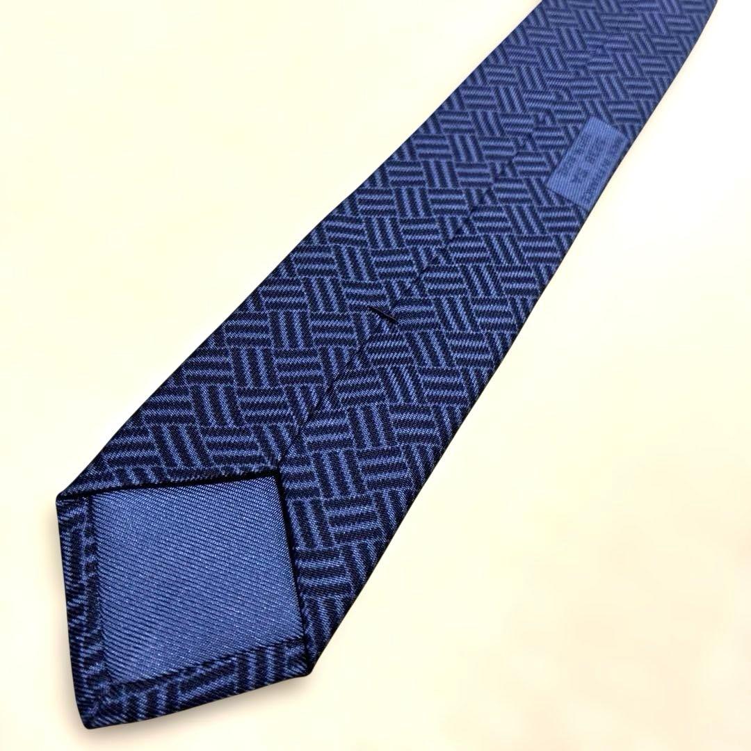 【極美品】高級 HERMES エルメス ネクタイ バスケットウェーブ ネイビー