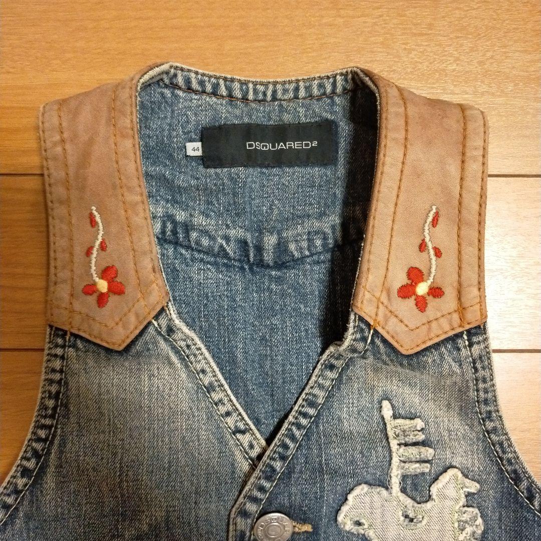 DSQUARED2デニム/レザー ダメージ加工ベスト　44 Sサイズ