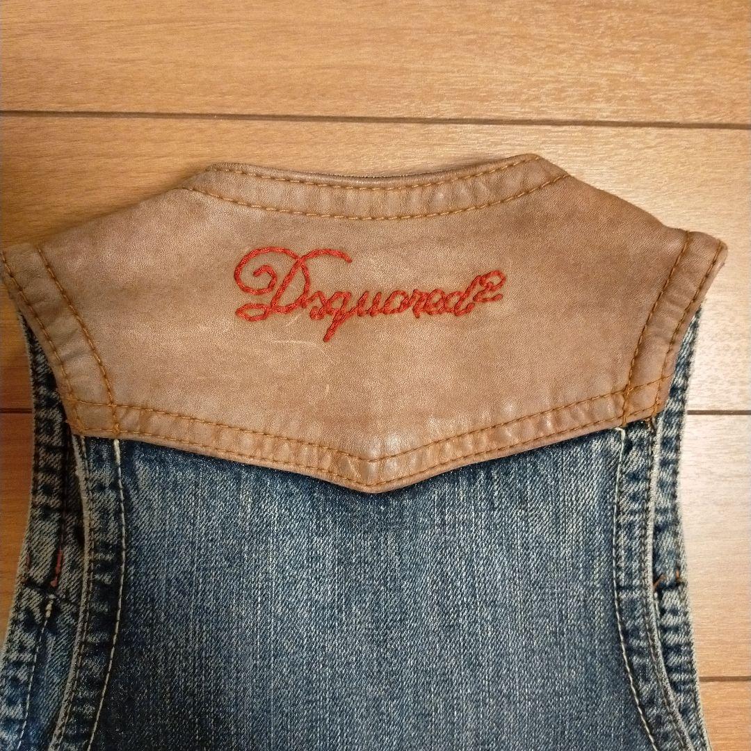 DSQUARED2デニム/レザー ダメージ加工ベスト　44 Sサイズ