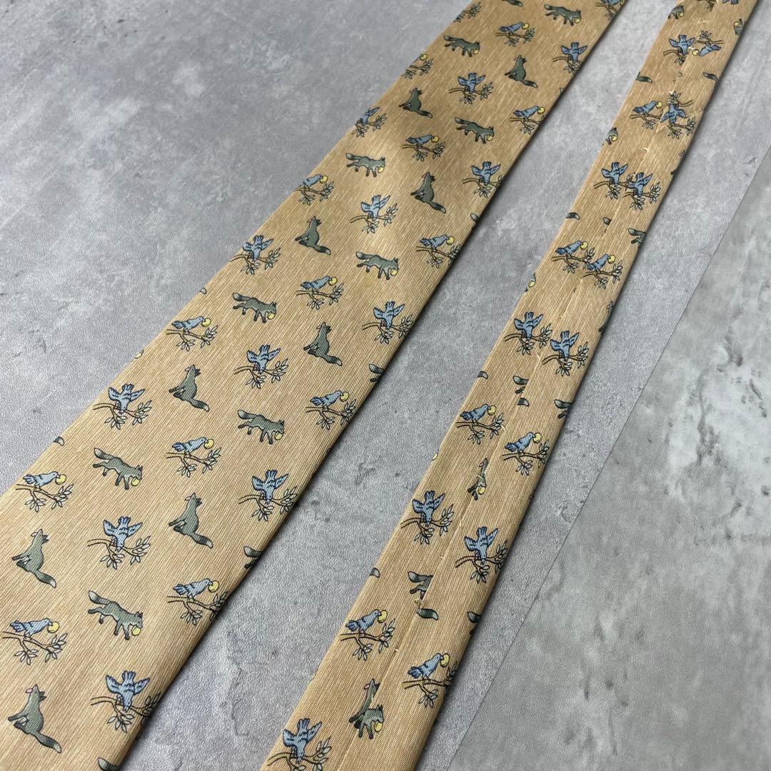 美品 HERMES エルメス アニマル柄 キツネ 鳥 ネクタイ ベージュ