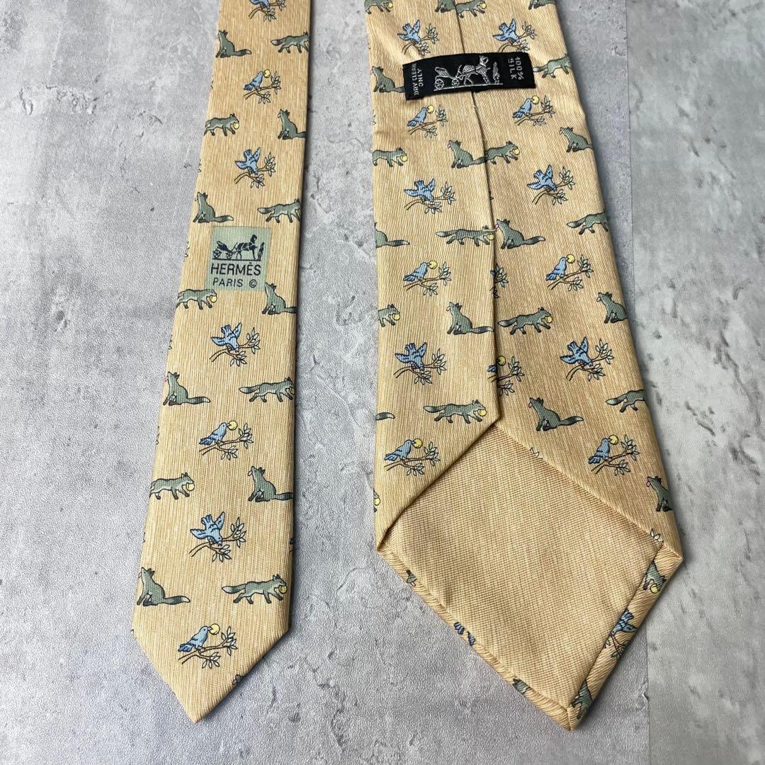 美品 HERMES エルメス アニマル柄 キツネ 鳥 ネクタイ ベージュ