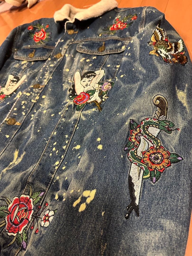 REASON 刺繍　デニムジャケット ボア襟　3XLサイズ　ダメージ加工Gジャン