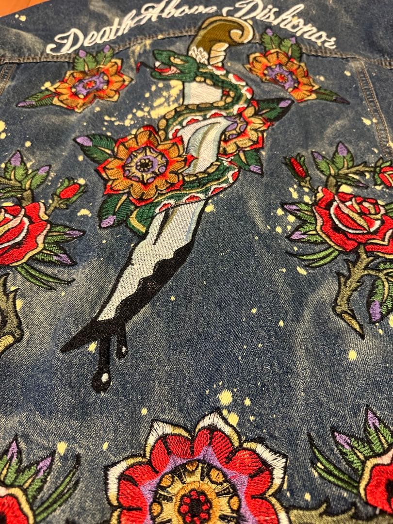 REASON 刺繍　デニムジャケット ボア襟　3XLサイズ　ダメージ加工Gジャン