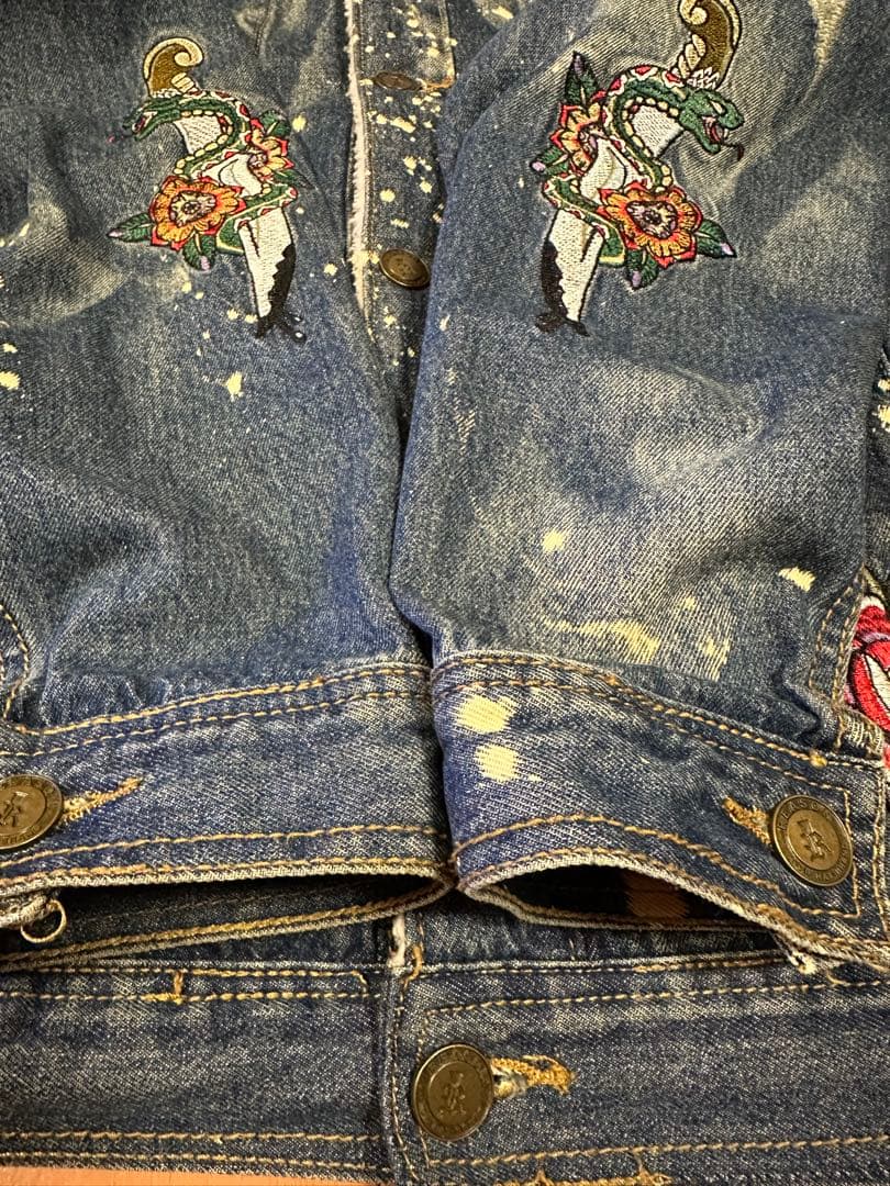 REASON 刺繍　デニムジャケット ボア襟　3XLサイズ　ダメージ加工Gジャン