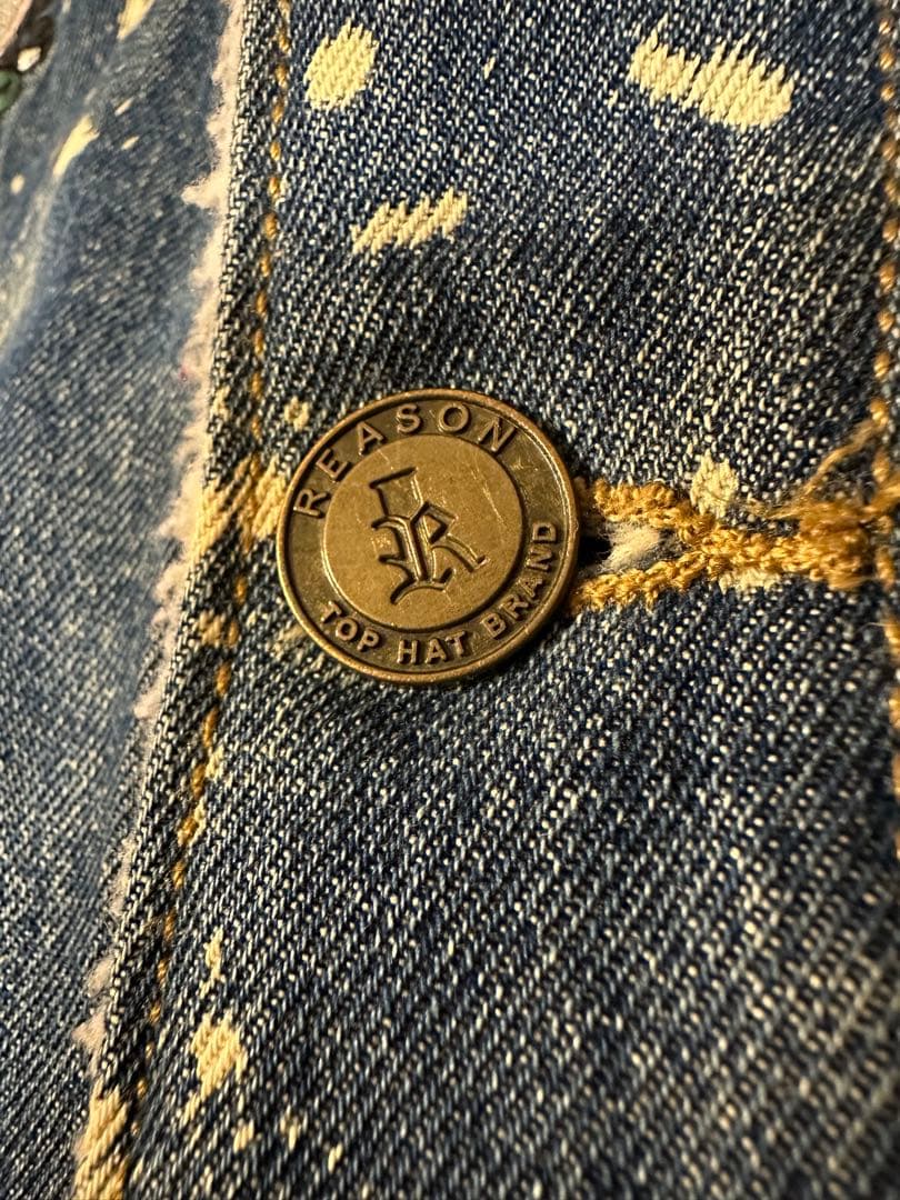 REASON 刺繍　デニムジャケット ボア襟　3XLサイズ　ダメージ加工Gジャン
