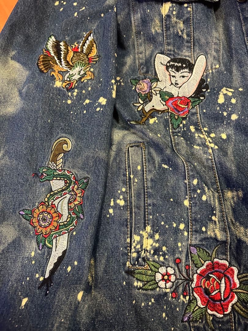 REASON 刺繍　デニムジャケット ボア襟　3XLサイズ　ダメージ加工Gジャン