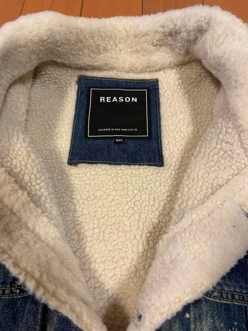 REASON 刺繍　デニムジャケット ボア襟　3XLサイズ　ダメージ加工Gジャン
