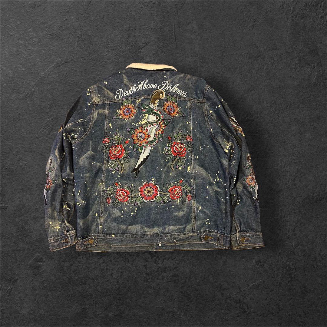 REASON 刺繍　デニムジャケット ボア襟　3XLサイズ　ダメージ加工Gジャン