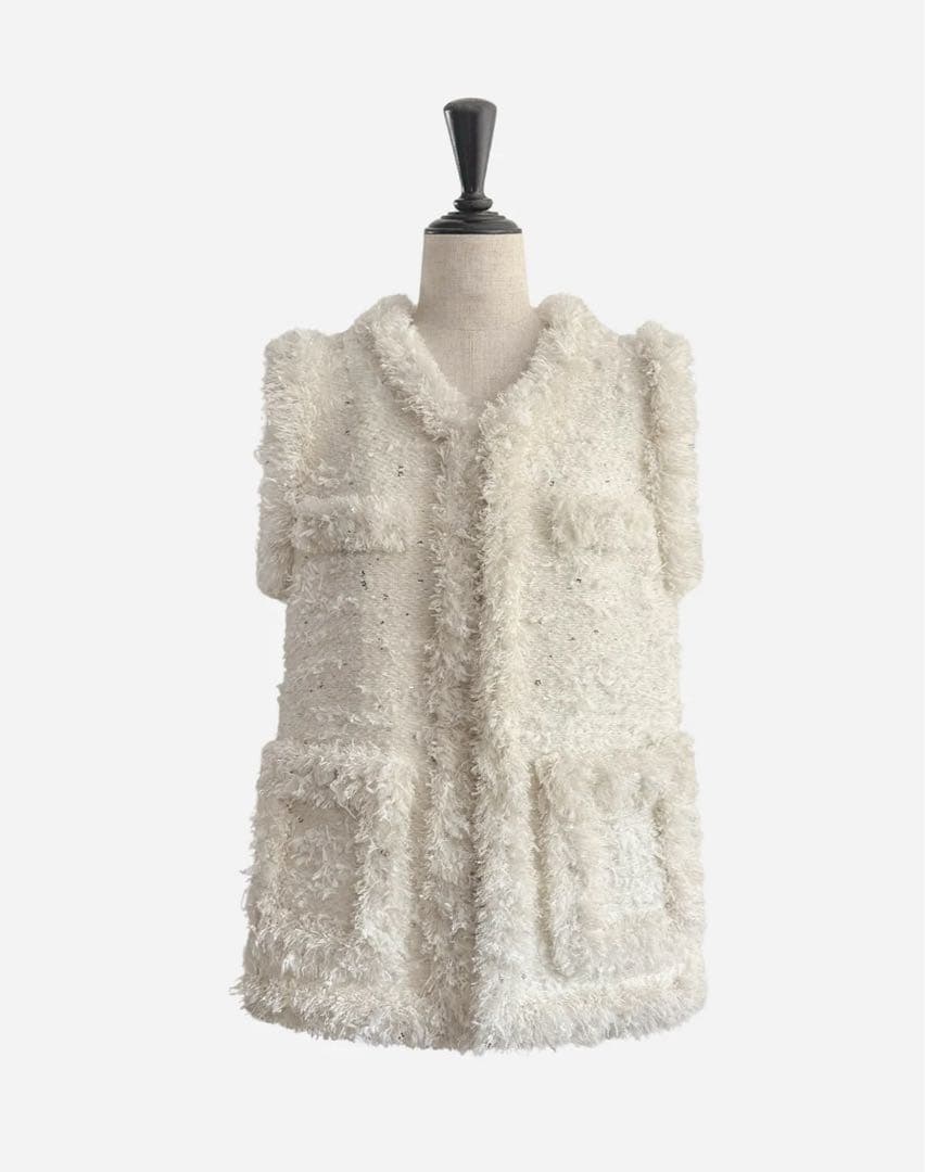 新品　sheller flower spangle tweed gilet