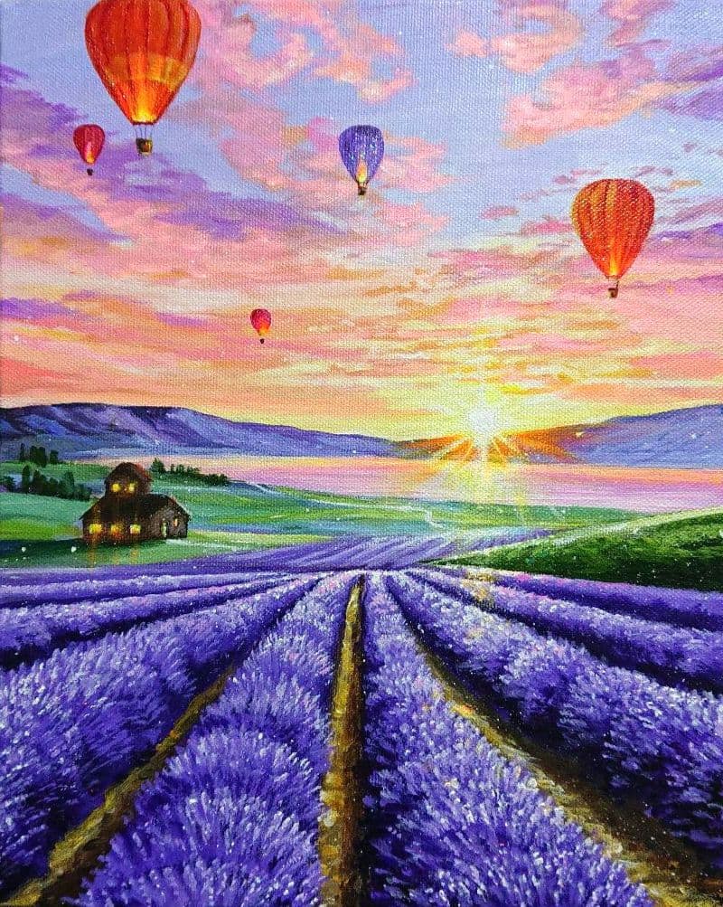 【夕映えラベンダー】アクリル画 F3 風景画 絵画