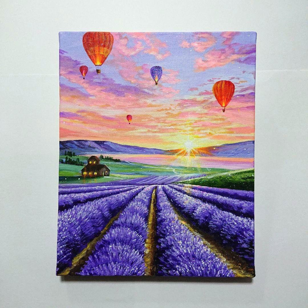 【夕映えラベンダー】アクリル画 F3 風景画 絵画