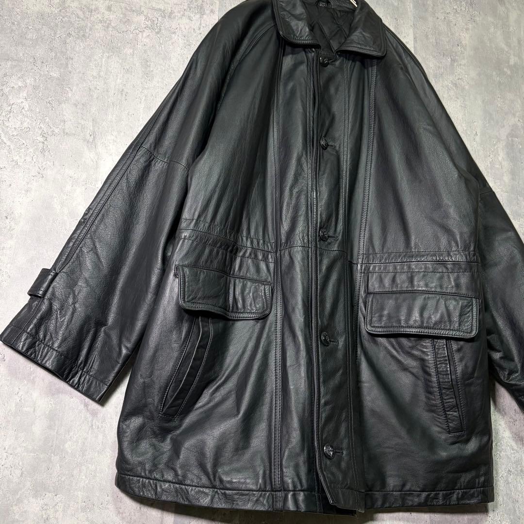 3Lサイズ 牛革 カウレザー カーコート 黒 肩パッドなし オールブラック 中綿