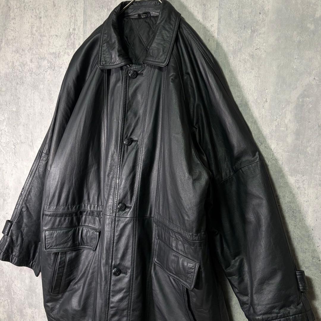3Lサイズ 牛革 カウレザー カーコート 黒 肩パッドなし オールブラック 中綿