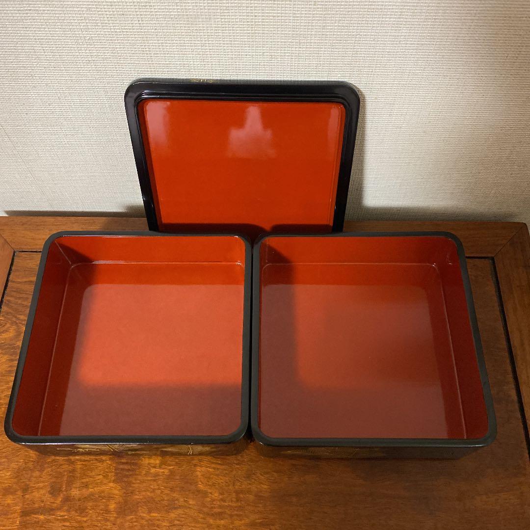漆の御重箱、二段、蒔絵　木製、会津塗