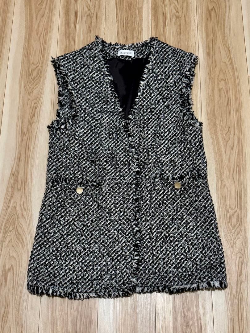 【美品】PLST ツイードミドルジレ S ブラック・ホワイト