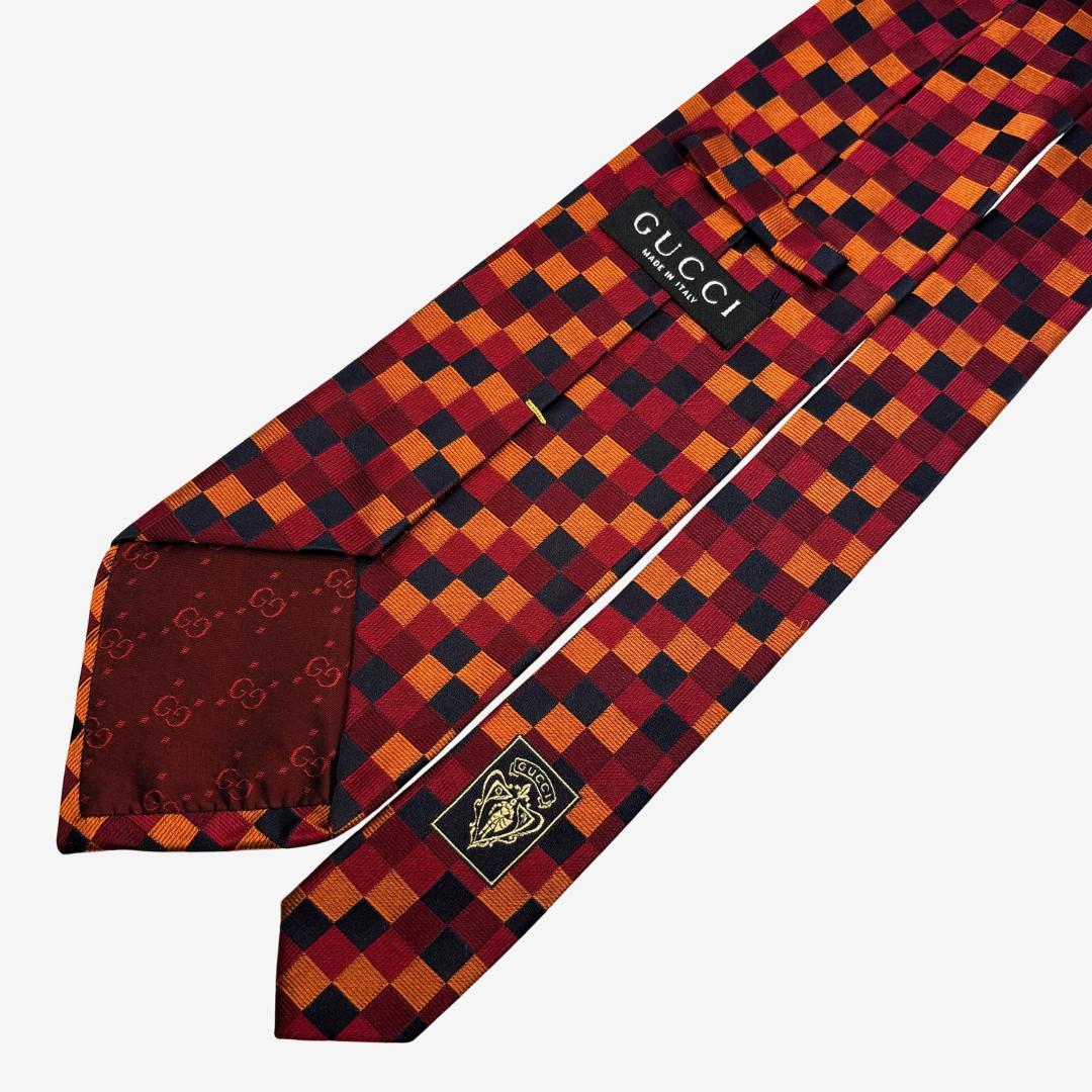 GUCCI シルクネクタイ チェック柄 レッド×オレンジ