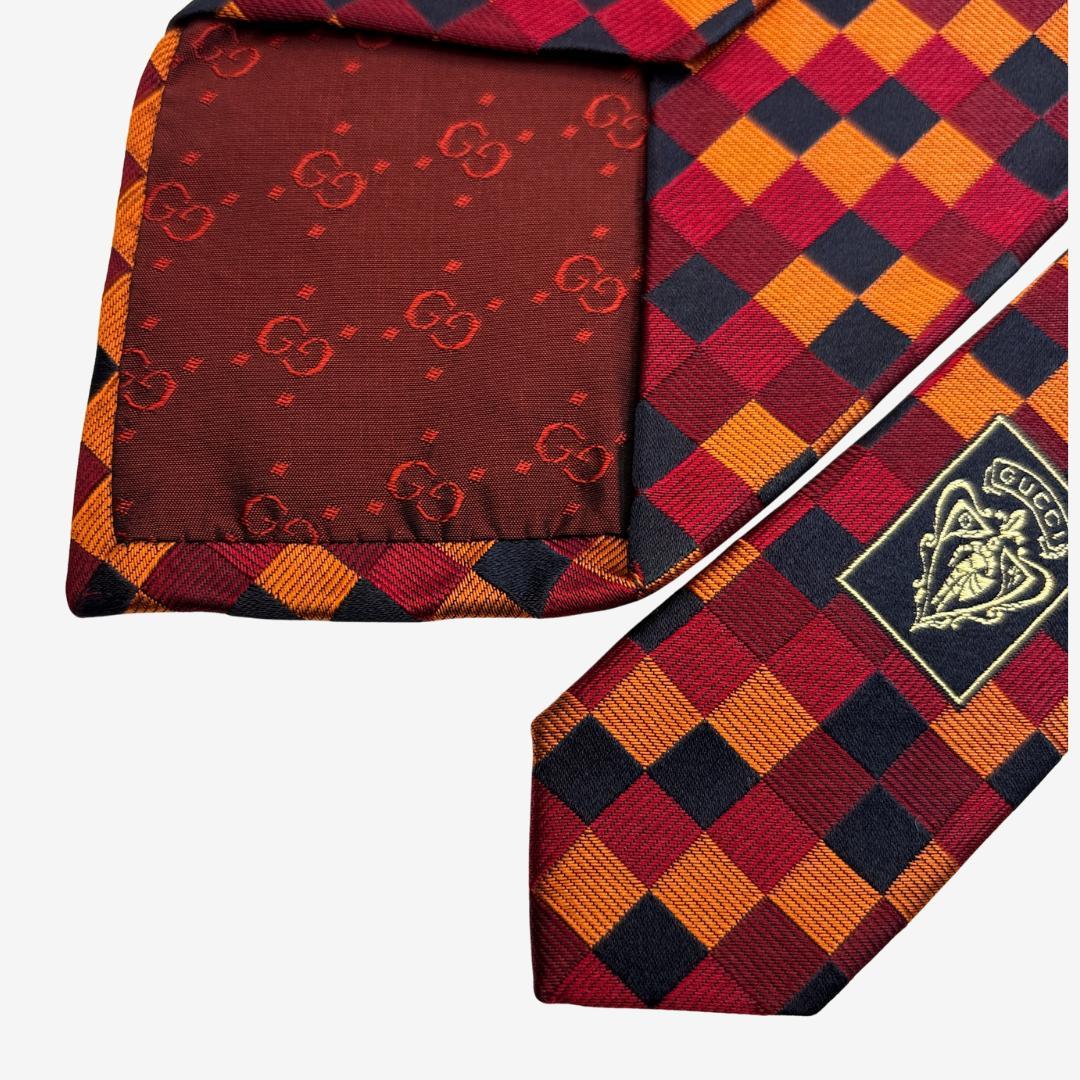 GUCCI シルクネクタイ チェック柄 レッド×オレンジ