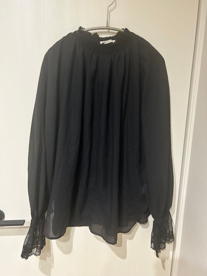 美品　PUAL CE CIN 襟袖レースプチハイネックブラウス　ブラック