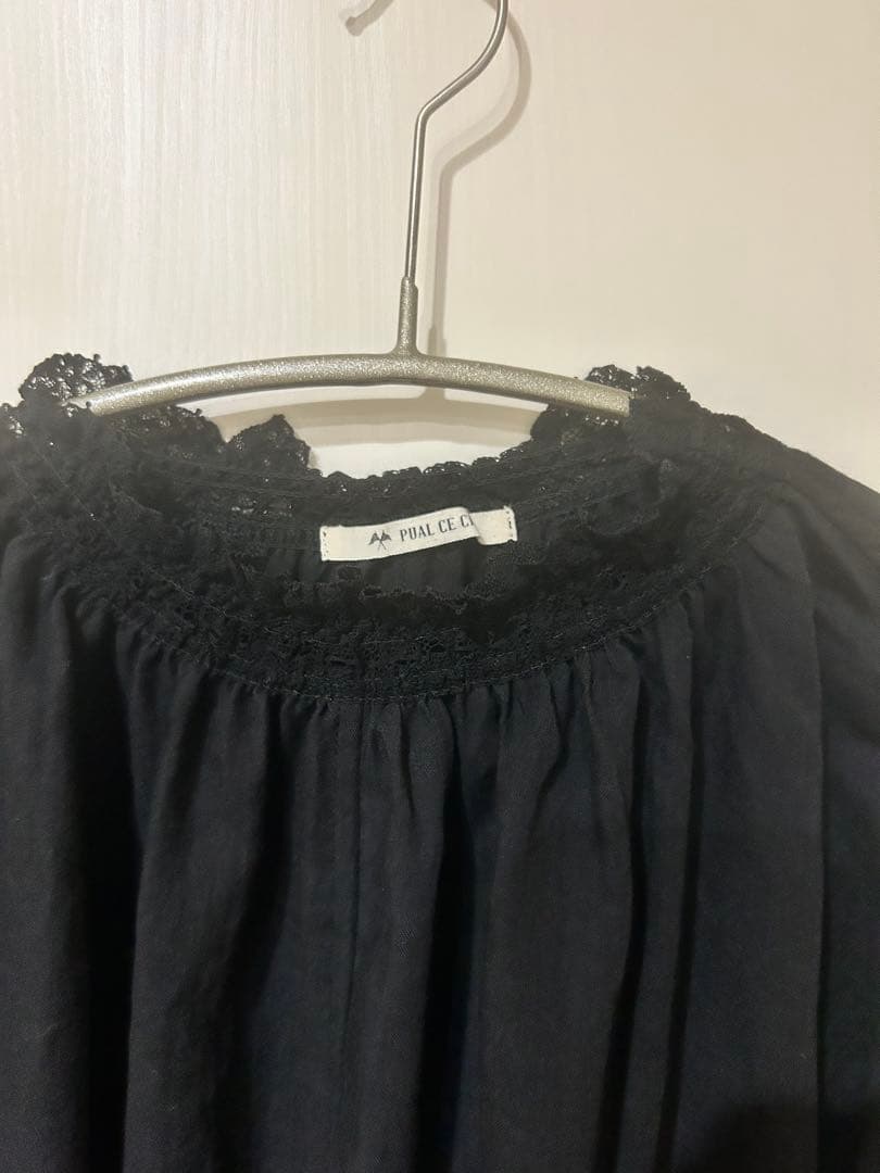 美品　PUAL CE CIN 襟袖レースプチハイネックブラウス　ブラック