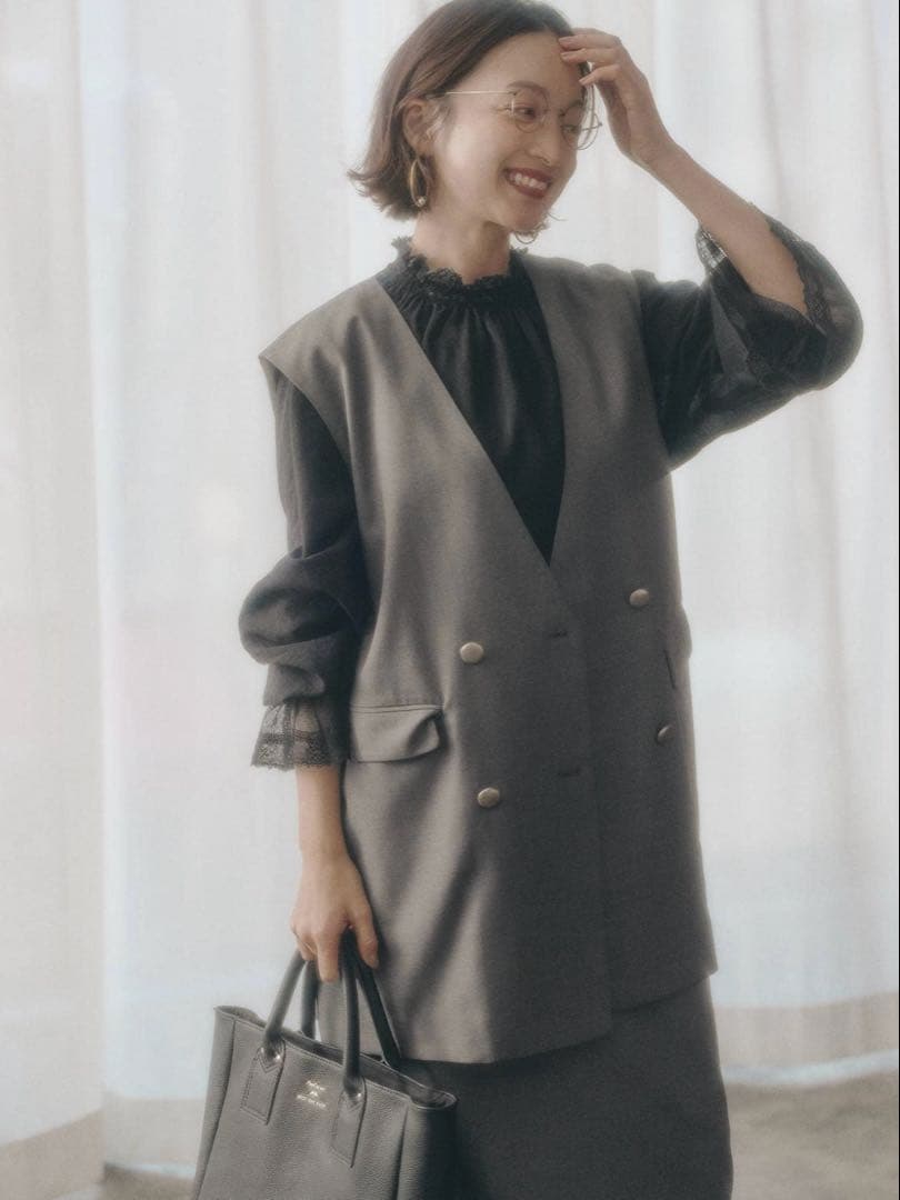 美品　PUAL CE CIN 襟袖レースプチハイネックブラウス　ブラック