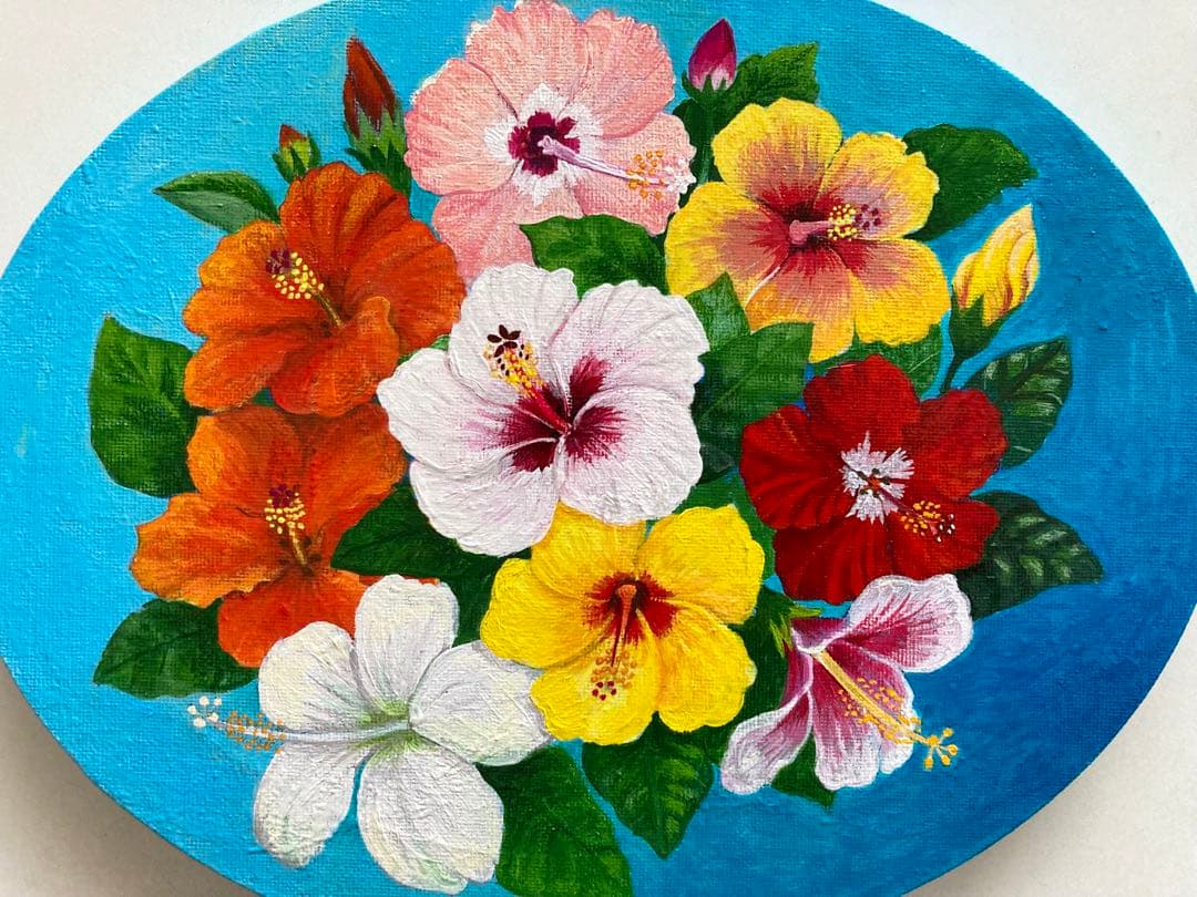 花の絵　アクリル画　原画 「鮮やかなハイビスカス」