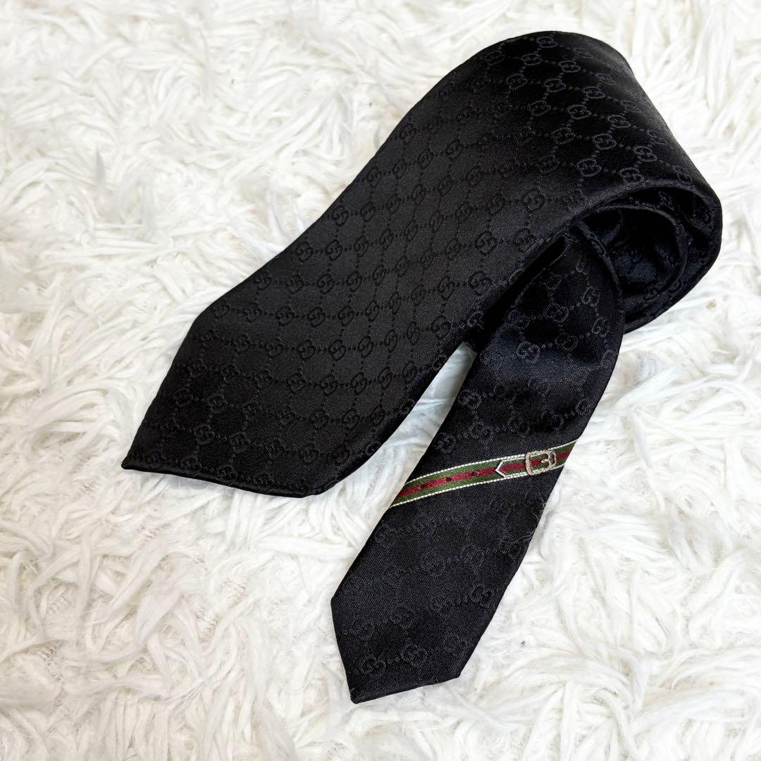GUCCI ネクタイ シルク　 GG柄 シェリーライン ベルト柄 ブラック