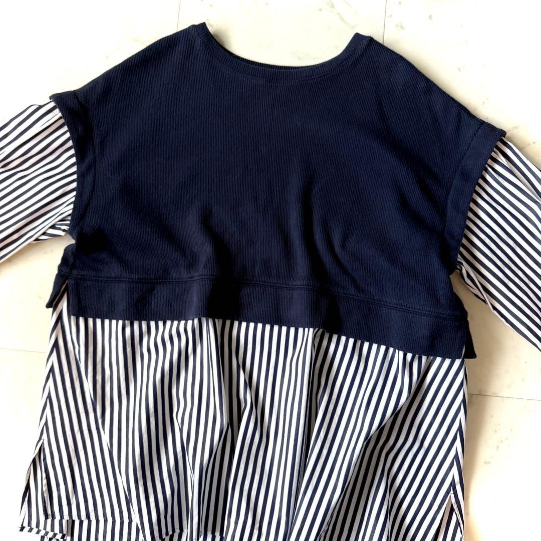 美品 レリアン 大きいサイズ17＋ ドッキングカットソー×ストライプシャツ 紺