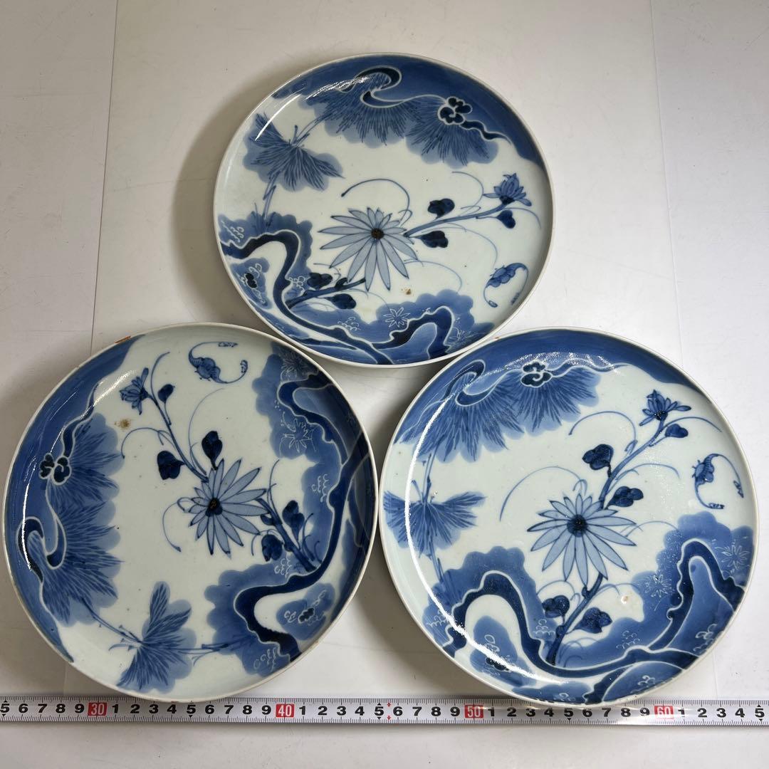 古伊万里　染付中皿6枚　木箱付　直径約20㎝　東Y8-0220②