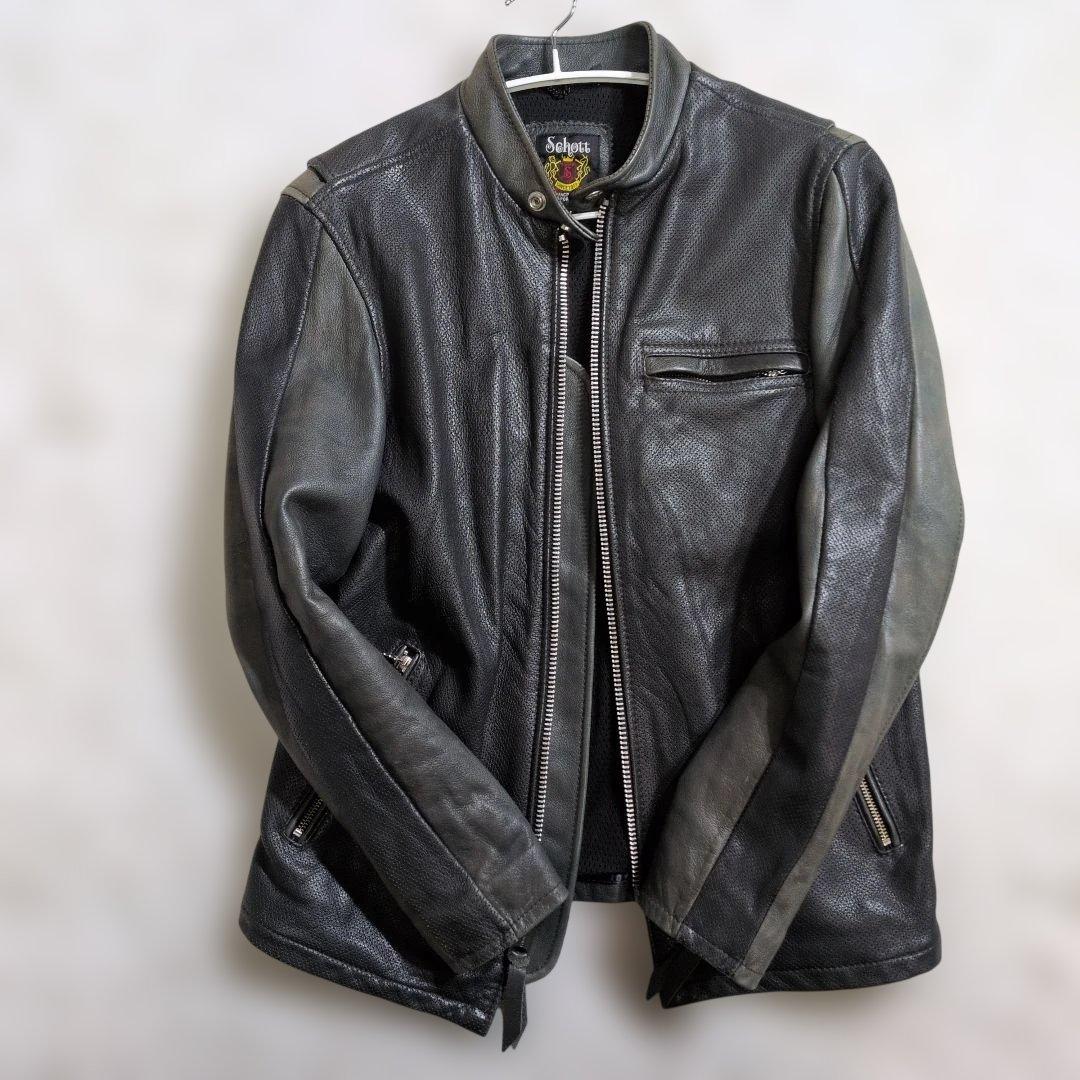 超良品レア　シングルライダース M バイカラー　メッシュ　パンチン　グレー