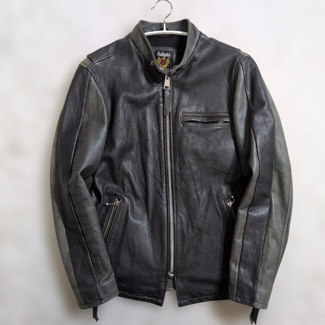 超良品レア　シングルライダース M バイカラー　メッシュ　パンチン　グレー