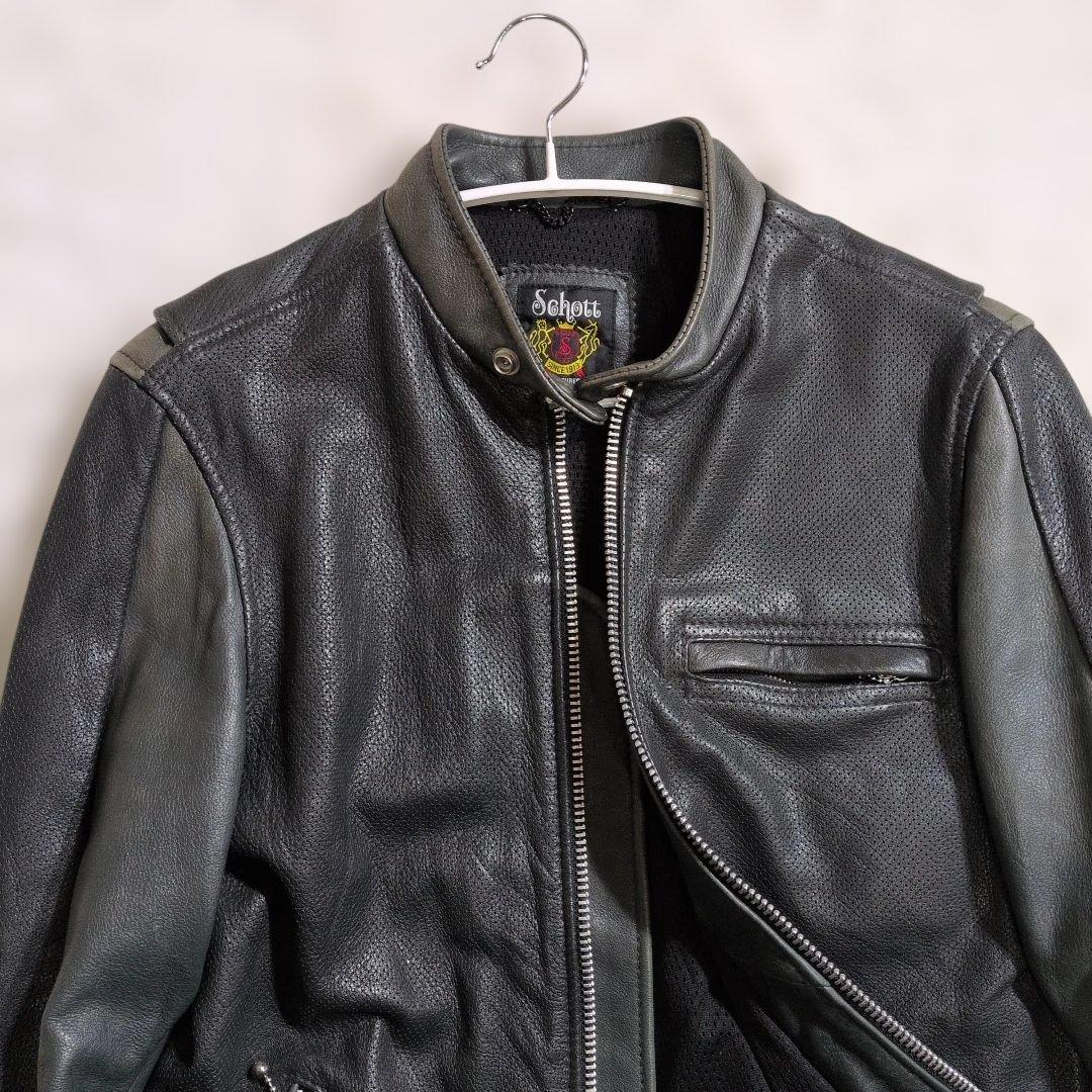 超良品レア　シングルライダース M バイカラー　メッシュ　パンチン　グレー