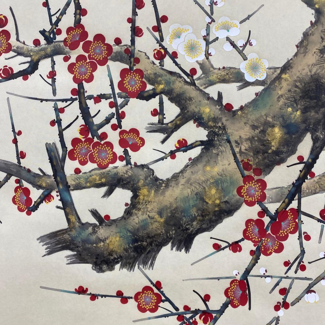 美品 掛け軸 坪内正庵作 紅白梅に鶯図 共箱 真筆証明書 縁起物