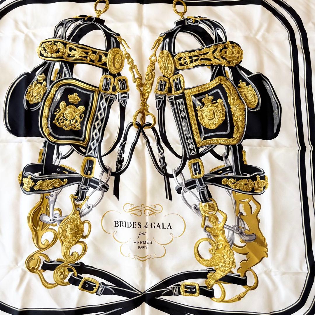 【美品】エルメス カレ90 BRIDES de GALA シルクスカーフ 黒
