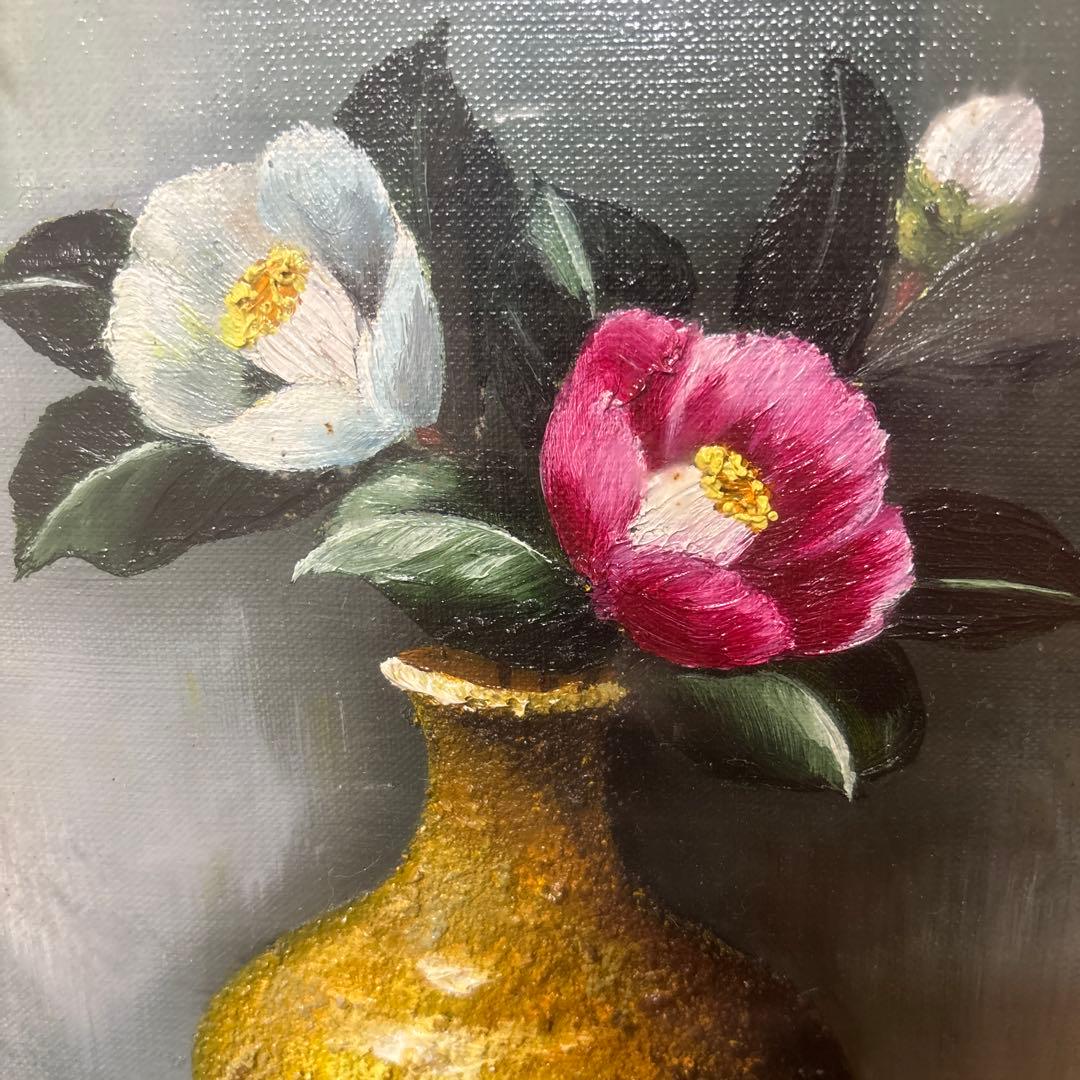 花瓶と椿の花 油彩画