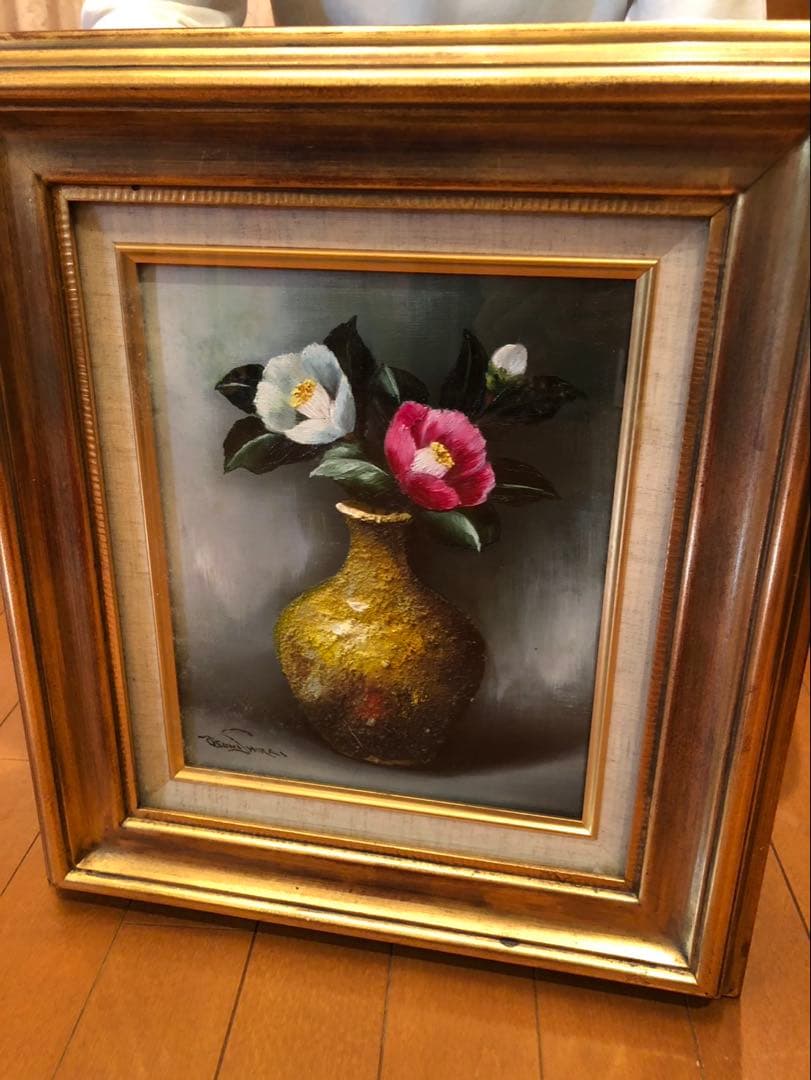 花瓶と椿の花 油彩画