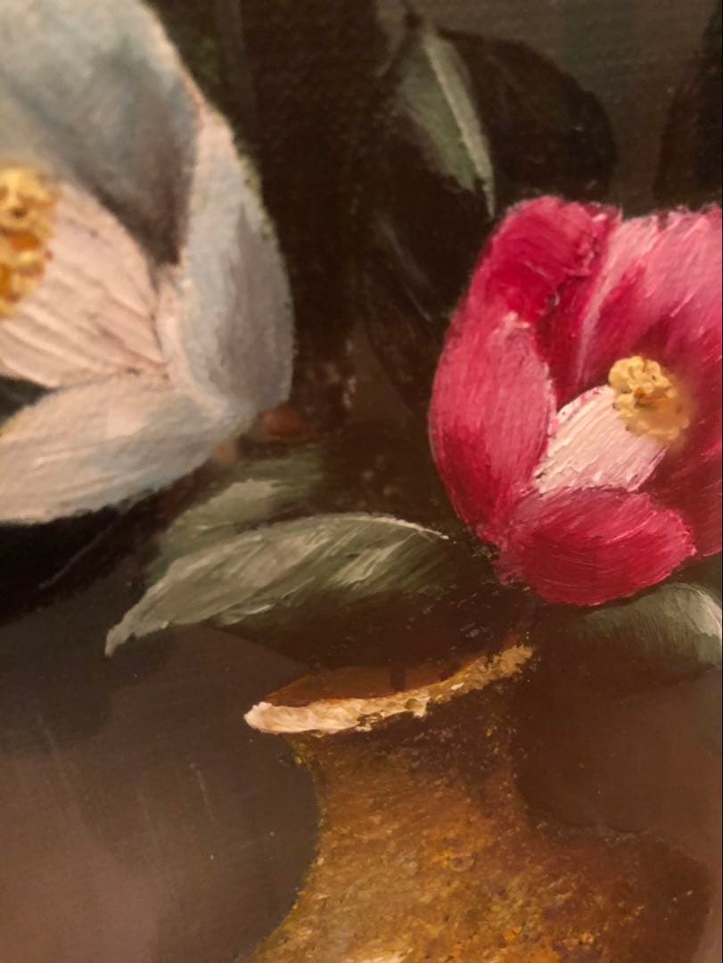 花瓶と椿の花 油彩画