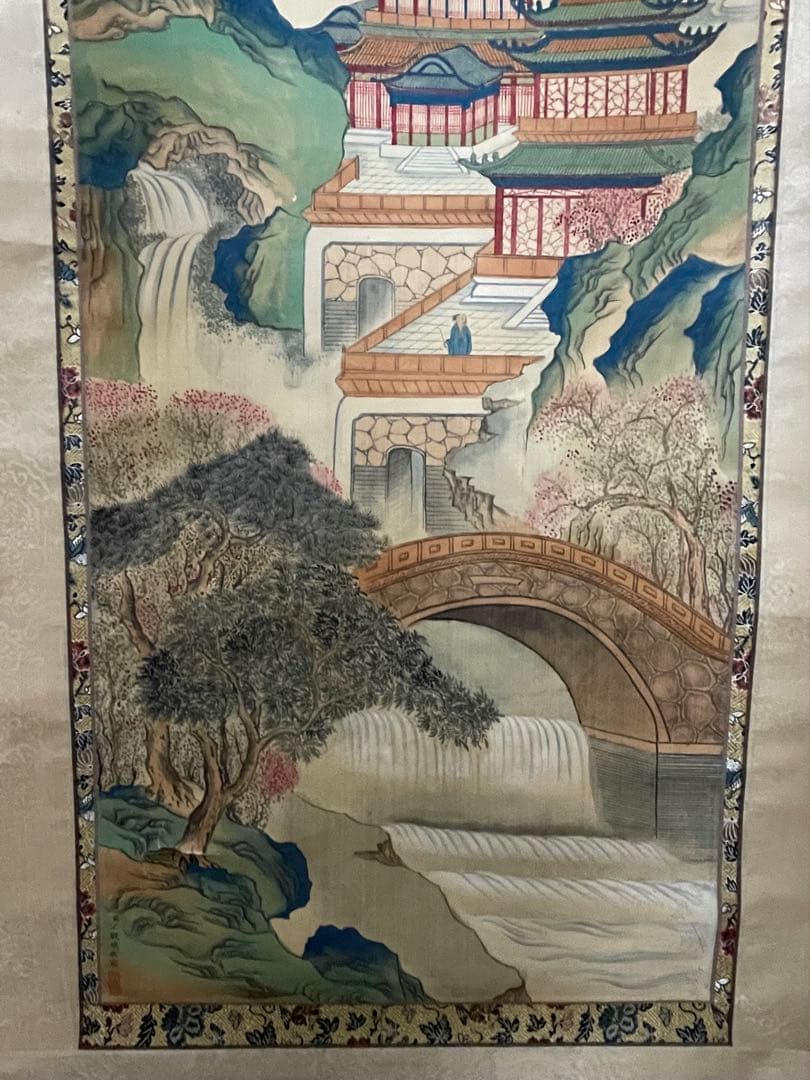 アンティーク清時代　丁観鵬撫北宋院體坐水屏之一　山水画 掛軸