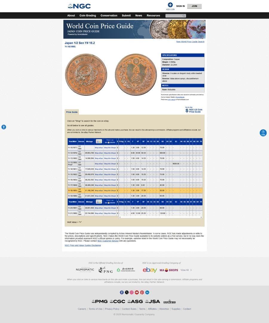 高鑑定　NGC-MS63RB　半銭銅貨　明治18年（1885）波ウロコ