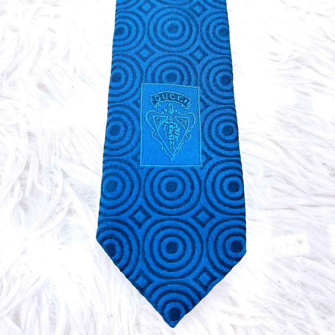 【美品】GUCCI グッチ ネクタイ Gロゴ 総柄 サークル 幾何学 ブルー系